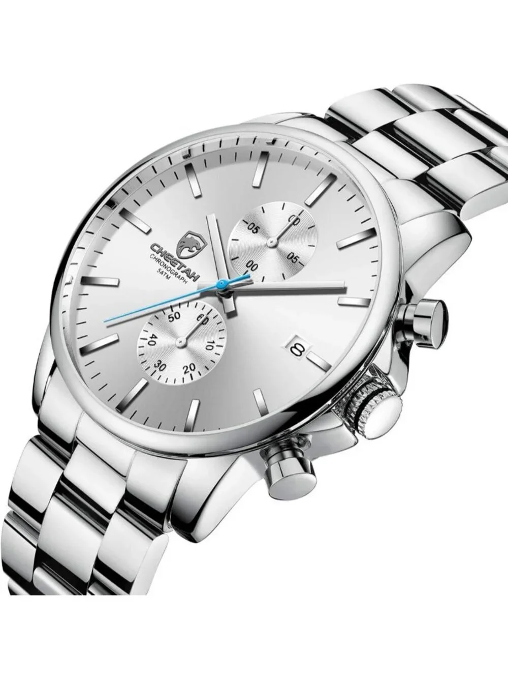 Men's Silver Classic Stainless Steel Waterproof Chronograph Quartz Round Watch